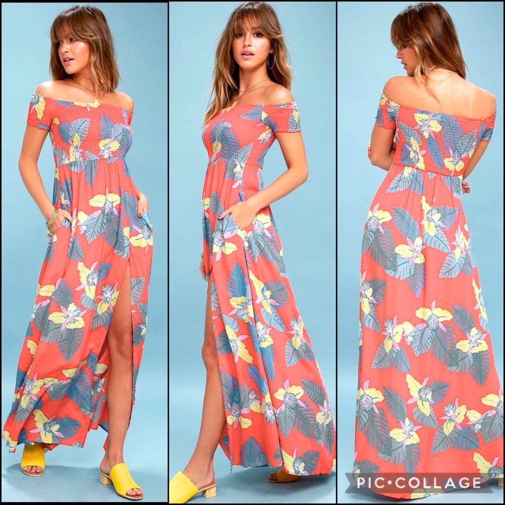 Lulu’s Coral Tropical Print Smocked Bodice Side Slit Maxi Dress